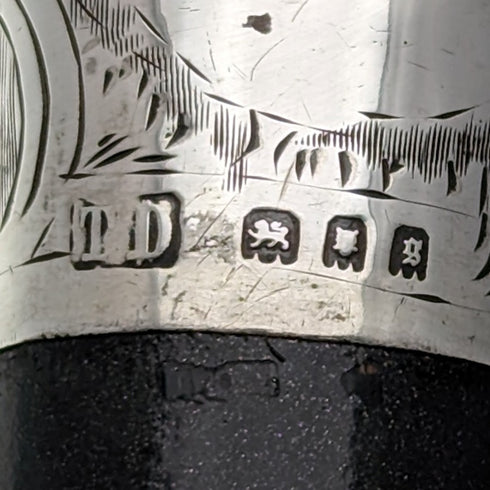 1922年 英国アンティーク 紳士用ステッキ 彫刻純銀 丸ハンドル ブラックシャフト 90cm TD